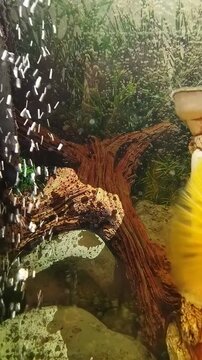Close-up of a bright yellow blood parrot cichlid fish swimming in an aquarium. Gold fish 