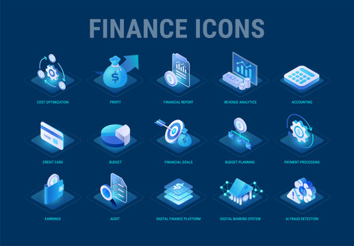 Finance icons set for Business Technology workflow diagram and presentation - Cost, profit, financial report, banking system, budget, audit, AI fraud detection - high quality premium isometric vector