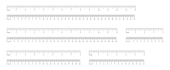 Inch, metric rulers from 4 to 14 inch, 10 to 35 cm. Measuring tool template. Scale for ruler centimeters, inches. Inches, centimeters measuring scales. Metrics indicator cm, inch. Measuring scale icon
