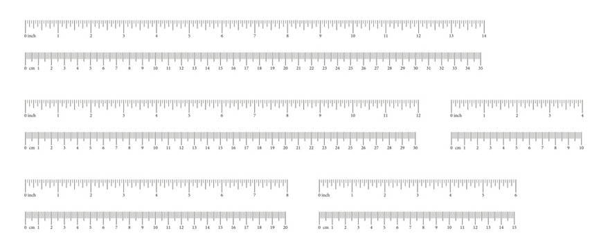 Inch, metric rulers from 4 to 14 inch, 10 to 35 cm. Measuring tool template. Scale for ruler centimeters, inches. Inches, centimeters measuring scales. Metrics indicator cm, inch. Measuring scale icon