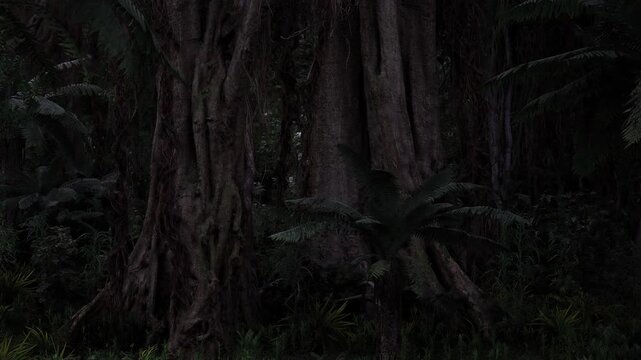 Gnarled colossal tree base in shadow, deep fissures in bark, enveloping darkness and primeval scale suggesting ancient forest mystery and sanctuary.