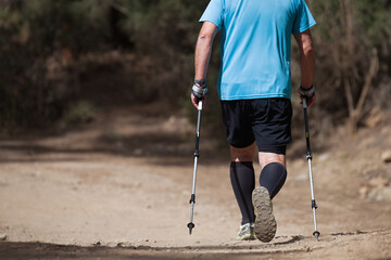 Senior man walking in forest with Nordic walking sticks, sunny summer day. An active lifestyle in retirement, a hike in nature