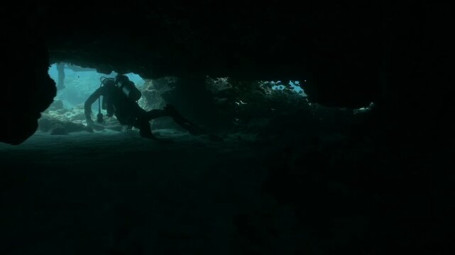 Scuba divers exploring a dark underwater tunnel system