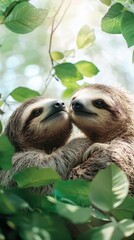 Fototapeta premium Adorable close-up of two sloths embracing in a lush green forest canopy, soft sunlight filtering through leaves