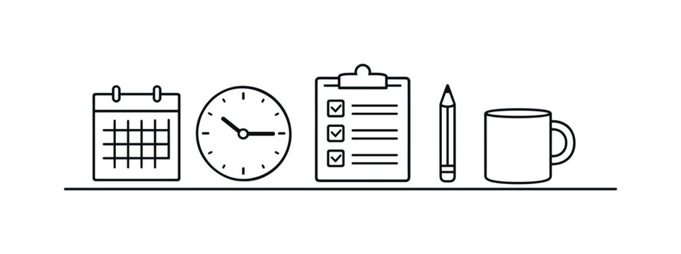 Daily routine consistency and time blocking method for improving focus and maintaining balanced productivity throughout the day, calendar page, clock, checklist sheet, pencil, and