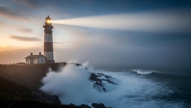 Tall red white striped lighthouse stands on a rocky coast, its powerful beam cutting through the misty, twilight sky as waves crash against the shore.