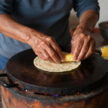 Woman making handmade corn tortillas on comal