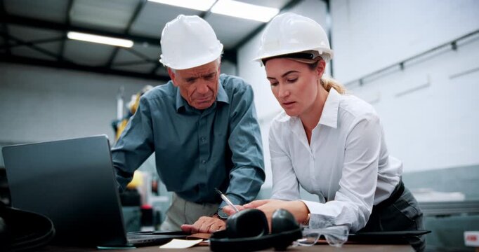 Meeting, robotics and people on laptop with problem for machine design, inspection and software configuration. Automation, team and engineers on tech for system diagnostics, assembly line and mistake