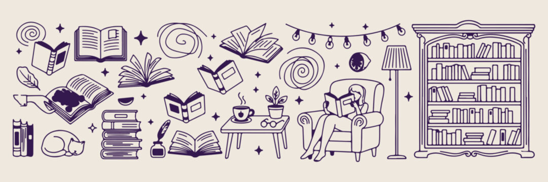 Reading book relaxation hobby, cozy home library lifestyle, weekend leisure activity, knowledge and education concept, peaceful indoor environment, book lover illustration, self care routine
