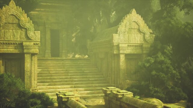 Moss covered ceremonial stairs amid jungle, balustrades worn smooth by time, damp textures and mineral stains, dense canopy funnels muted light, evokes ritual