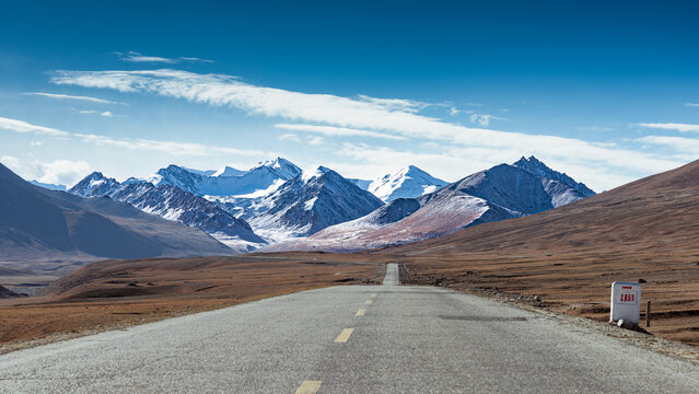 Landscape photograph of the 1855 road milestone along the Karakoram Highway (KKH) on the Pamir Plateau near Khunjerab Pass. This high-altitude border highway between China and Pakistan.