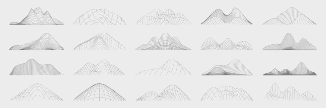 3D wireframe terrain and topographic map icons &ndash; Perfect for GPS apps, cartography tools, or geographic data visualization.