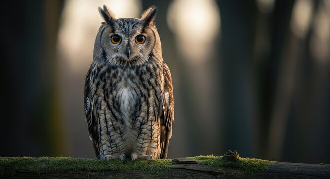 Majestic owl perched with intense gaze against blurred forest background