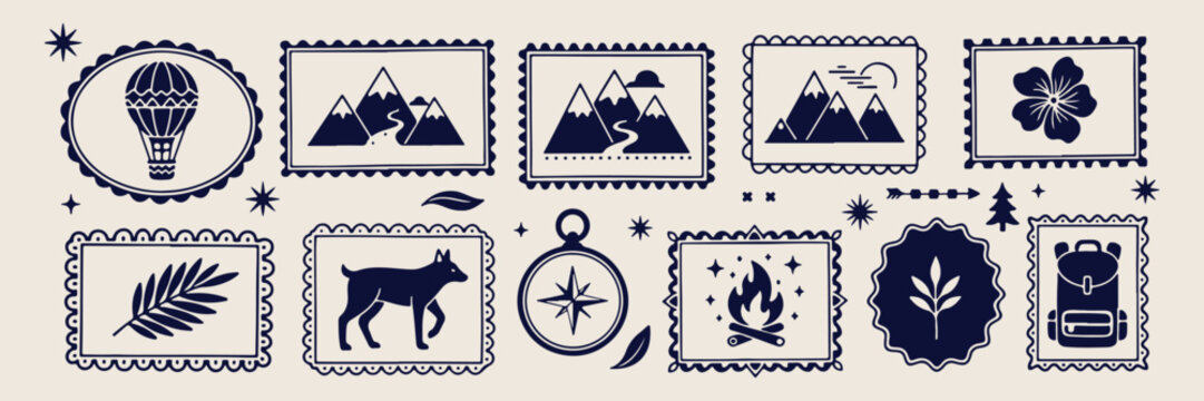 Travel adventure icons, world exploration, navigation compass, mountain landscape frames, journey stamps, tourism symbols, outdoor hiking concept
