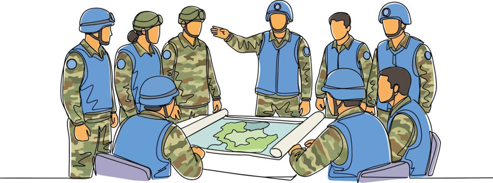 military team planning strategy on map