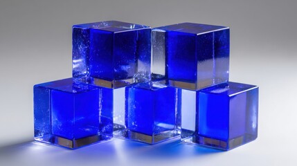 Obraz premium Interlocking Azure Blue Glass Cubes in Geometric Arrangement with Subtle Lighting
