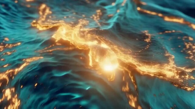 High energy ocean waves with glowing gold crests and dark teal water splashing violently, dramatic close up abstract fluid motion of water with golden particles stock video.