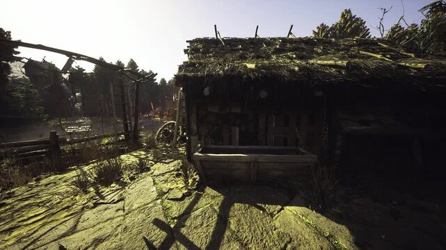 Sunlit lane beside mossy cottage wall and low fence, late afternoon light creates crisp long shadows across grassy ground, textured thatch and timber
