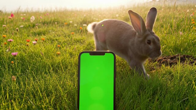 Smartphone with Green Screen in Wildflower Meadow with Rabbit