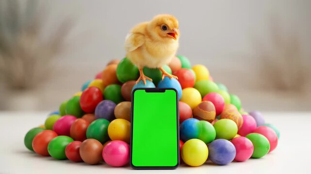 Yellow Baby Chick Standing on Colorful Easter Eggs with Green Screen Smartphone