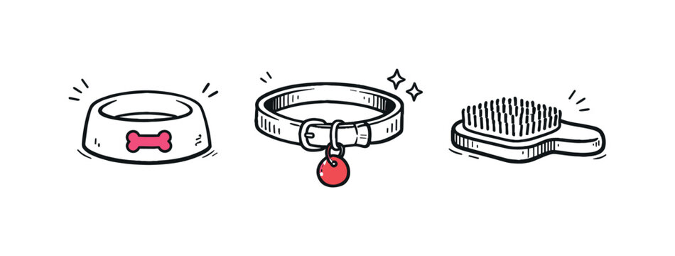 Pet care theme  a horizontal row of 3 related hand-drawn simple animal accessory objects on a white background: a rounded food bowl with a tiny pink bone icon