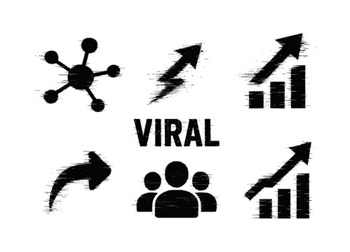 Digital social graph influence and virality theme, a set of five glitch-distorted monochrome objects floating on a perfectly clean white background, each object