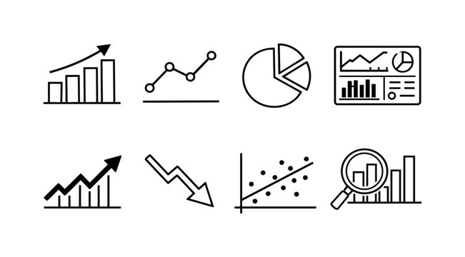 Statistics graph analytics: bar chart, line graph, pie chart, data dashboard, upward arrow growth, downward arrow decline, scatter plot, magnifying glass over chart