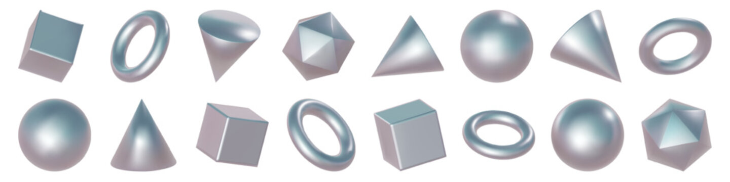 3d metal shape, holographic element and chrome geometric figures. Cube prism, triangle silver cone pyramid. Y2k hexagon circle sphere for math object or aluminum sticker. Steel tube dynamic gradient