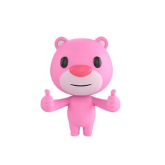 Fototapeta premium Cute 3D render Pink Bear character giving double thumbs up, cheerful and positive mascot style, isolated on white background for approval, success, and digital design.
