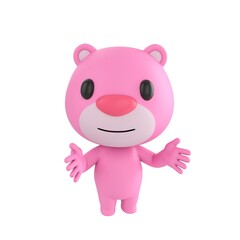 Obraz premium Cute 3D render Pink Bear character speaking with both hands open toward the camera, friendly and engaging mascot style, isolated on white background.