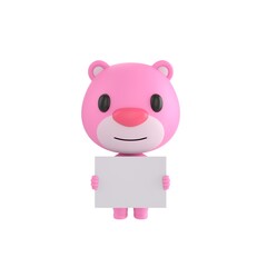 Obraz premium Cute 3D render Pink Bear character holding a blank white sign with both hands, friendly and neutral mascot style, isolated on white background.