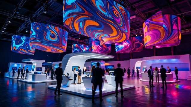 Futuristic exhibition hall with massive LED screens colorful digital visuals modern tech trade show event