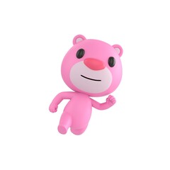 Fototapeta premium Cute 3D render Pink Bear character running toward the camera with energetic motion, playful and lively mascot style, dynamic action pose, isolated on white background.