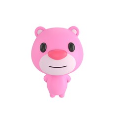 Fototapeta premium Cute 3D render Pink Bear character standing with hands behind the back, looking up at the camera with a calm and polite pose, isolated on white background.