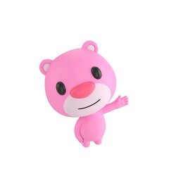 Fototapeta premium Cute 3D render Pink Bear character looking up at the camera while gesturing to the side with one hand, friendly and welcoming pose, isolated on white background.
