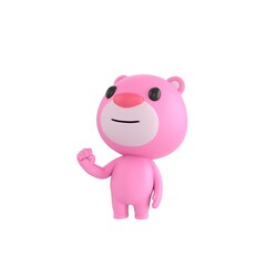 Fototapeta premium Cute 3D render Pink Bear character raising one fist with confidence, head held high and looking upward, strong and determined pose, isolated on white background.