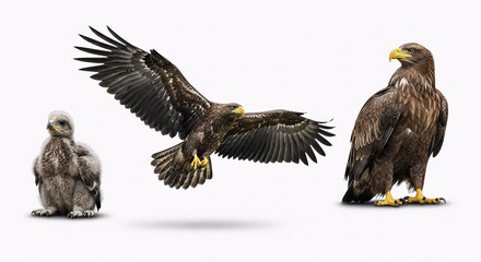 Obraz premium Eagle Life Cycle Baby Young Flying and Old Eagle Isolated on White Background