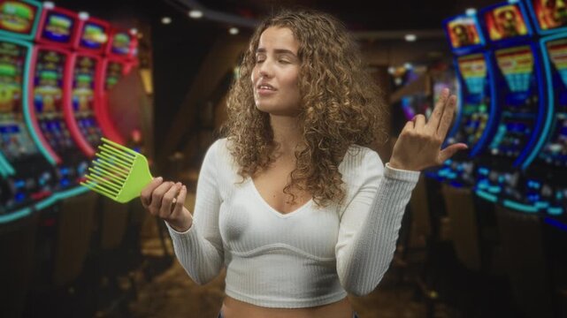 Woman with curly hair holds a green wide tooth comb in left hand and makes a two finger flick gesture while looking up inside a casino building; frustration.