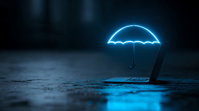 Glowing blue digital umbrella shielding a laptop from falling binary code rain
