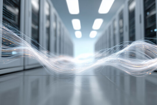 Rows of server racks line the data center hallway. White light trails move through the space dynamically. Overhead lights brighten the modern environment