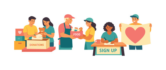 Fototapeta premium Wide horizontal editorial illustration of five characters representing a nonprofit volunteer event: two sorting donated boxes, one handing out food parcels, one