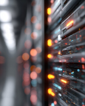 Server racks line the data center aisle.\nLED lights glow orange and blue.\nBackground is softly blurred.\nTech scene highlights modern infrastructure.\nUse for IT or cybersecurity content.\nPerfect f