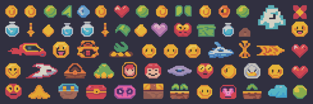 Pixel art arcade gaming assets and sprites &ndash; Ideal for retro game development, 8-bit aesthetic projects, or gamer merch.