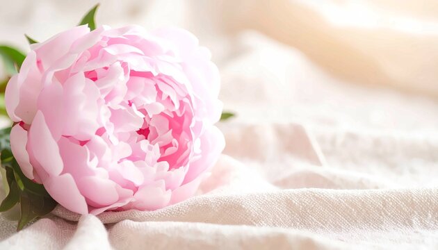Beautiful Pink Peony Flower on Soft White Fabric Background, Delicate Floral Bloom Close Up with Gentle Natural Lighting, Elegant Botanical Still Life for Greeting Cards and Weddings