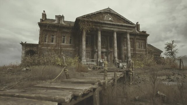 Desolate Dutch heritage house near marsh with sagging portico and wild reeds, broken steps lead through tall grass toward shuttered doors, muted sky lending