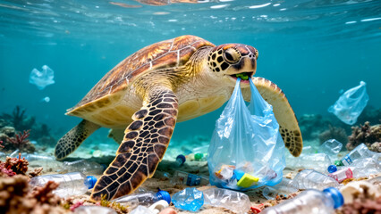 Obraz premium A Sea Turtle Consuming a Plastic Bag in a Heavily Polluted Ocean, Symbolizing the Urgent Environmental Crisis and Marine Life Endangerment