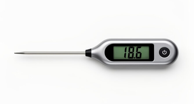 A silver digital kitchen thermometer with a metallic probe displaying precise temperature readings on a white background, symbolizing accuracy and culinary control
