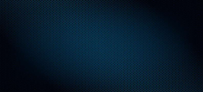 Abstract blue hexagonal mesh background. Futuristic dark honeycomb grid texture with soft lighting for technology, cyber security and racing sports design.