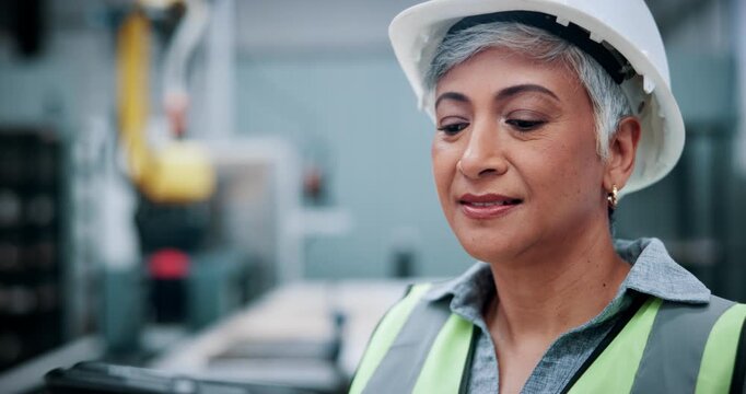 Factory, robotics and mature woman on tablet for assembly line, software update and inspection. Automation, industrial and person on digital tech for system diagnostics, design or technical manual