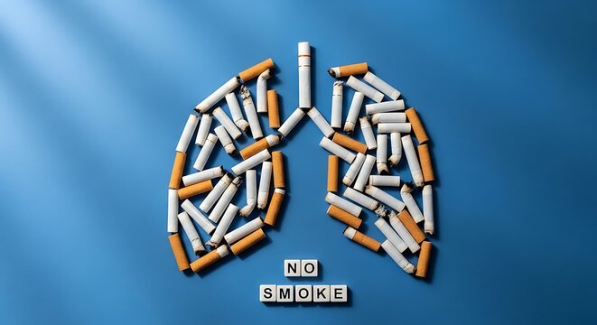 Lungs shape made of cigarettes on blue background, concept of smoking harm and health awareness